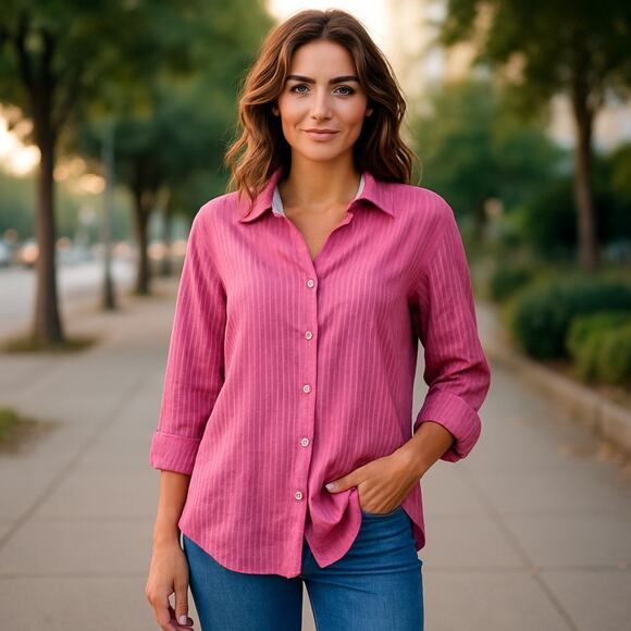 Stone Rose Dress Shirt Flip Cuff Pink Striped Long Sleeve women’s Size 2 Small - Picture 1 of 12